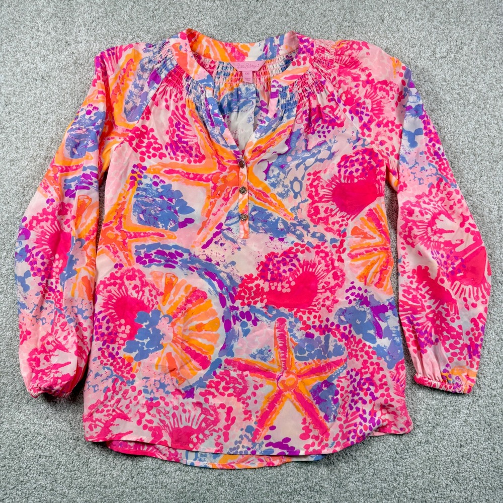 Lilly‎ Pulitzer Silk Blouse Women XXS Pink Starfish Print Smocked Top